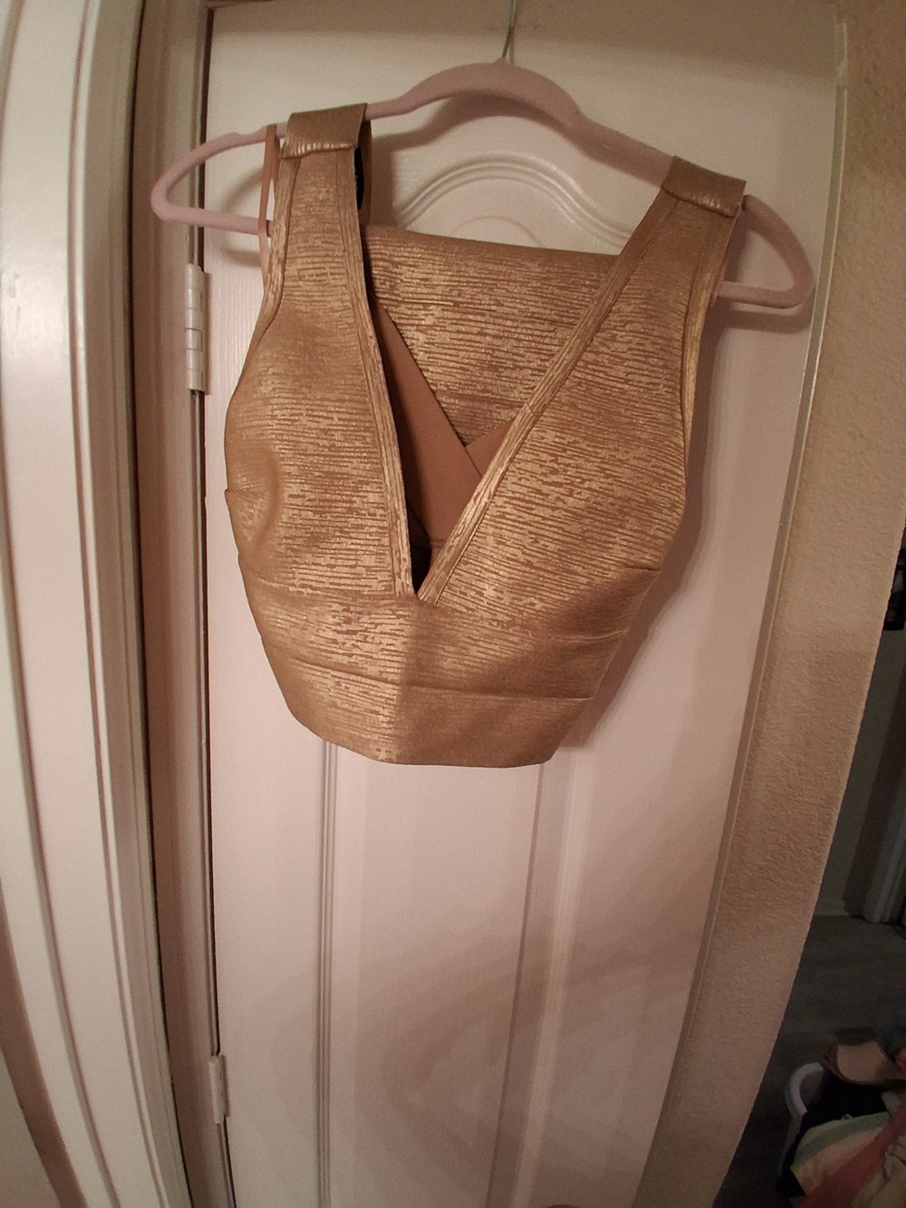 bebe Gold Metallic V-Neck Crop Top and Midi Skirt Set